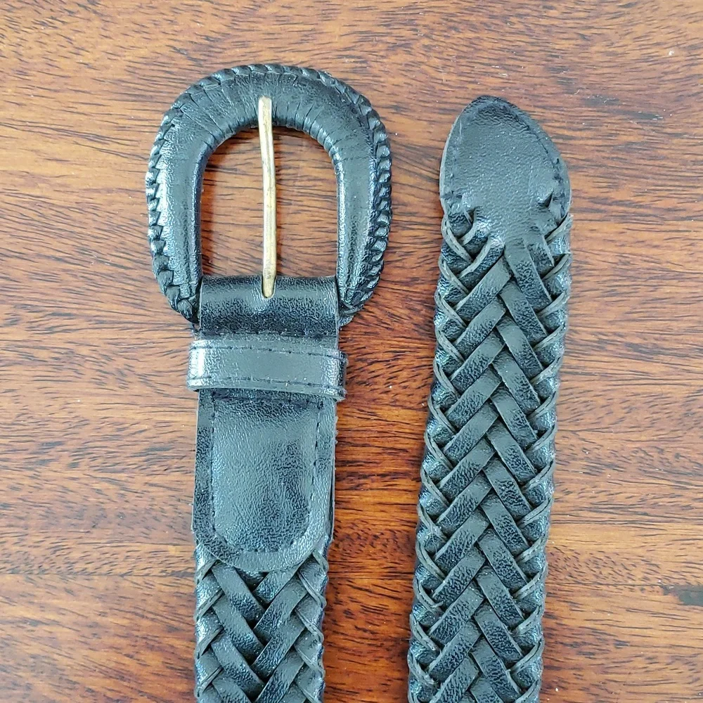 Vintage Black Braided Belt Faux Leather Woven Waist Cincher Boho Classic 40